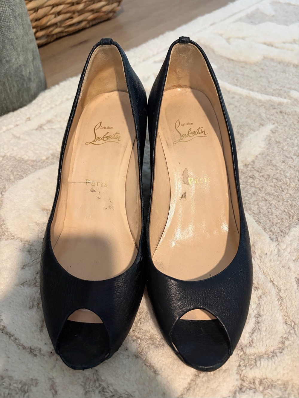 Christian Louboutin Black Leather Peep-Toe Pumps